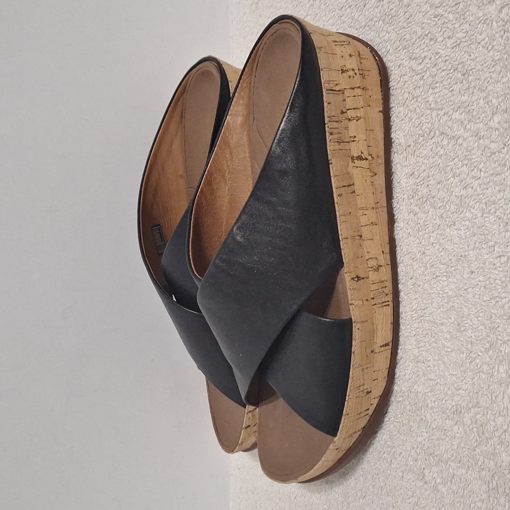 FitFlop Kys Cross Leather Cork Wedge Slides Sandal Black 375-001 Women's Size 7